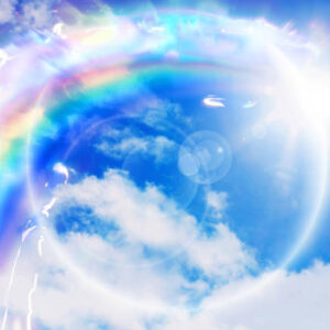 3D illustration of an artistic rainbow over the blue sky